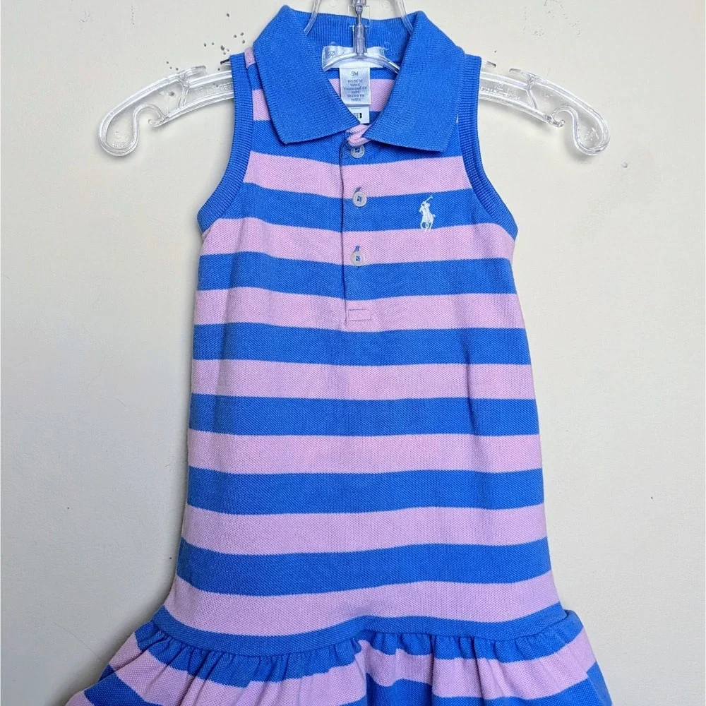 Polo Ralph Lauren‎ Pink Blue Striped Stretch Mesh Dress Baby Girls Size 9 Months